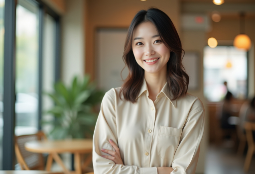 밝은 셔츠를 입은 미소짓는 여성