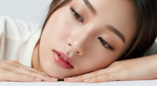 젊은 여자가 머리를 베고 쉬는 모습
