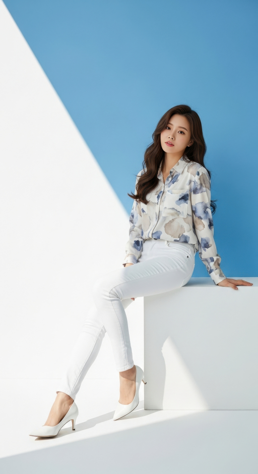 꽃무늬 셔츠를 입은 여성, 흰 바지, 힐.