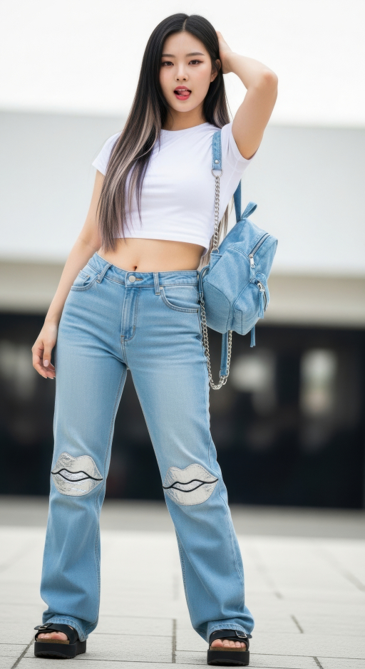 넓은 바지 청바지 입은 젊은 여성.